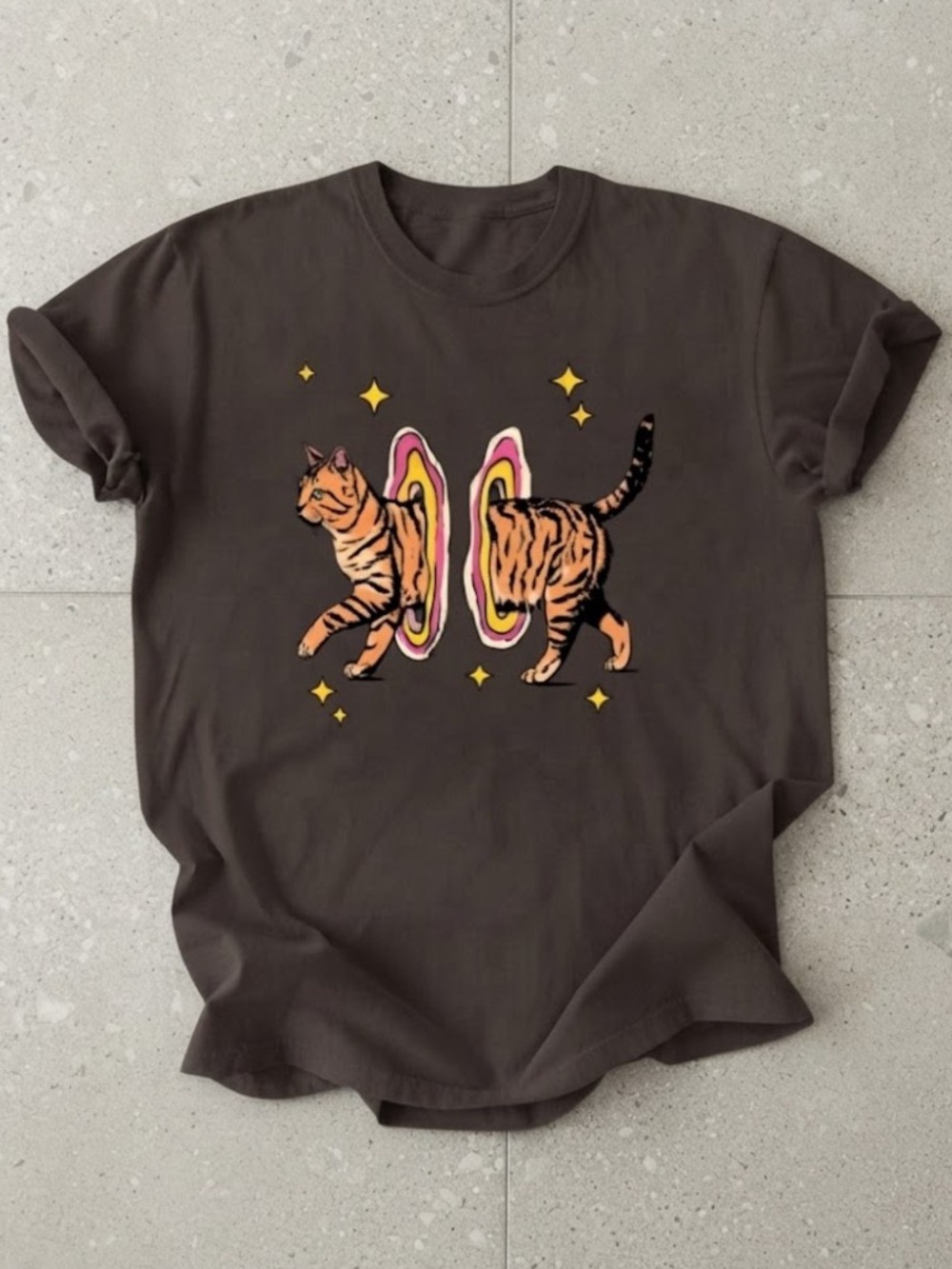 Funny Portal Space Cat Magic Universe Brown Gildan T-Shirt